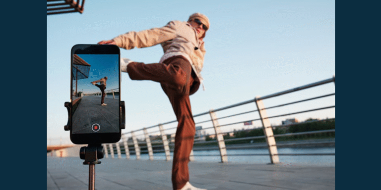 A young creator dancing to a viral song while recording short tiktok videos